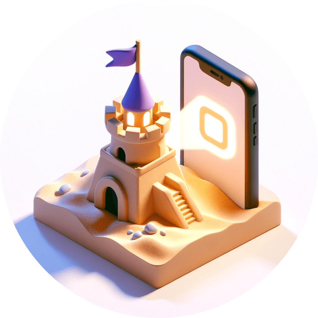 DALL·E 2023-11-04 20.08.03 - Create an image of a cute isometric sand castle with a purple flag on top, next to a mobile phone with light emitting from its screen 1.png